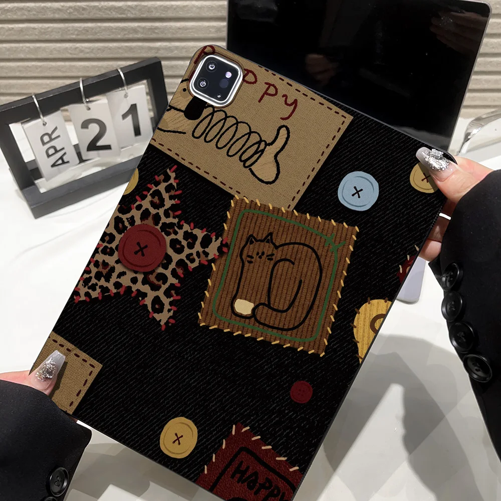 Matte Finish Patchwork Denim Cat Leopard Tablet Case