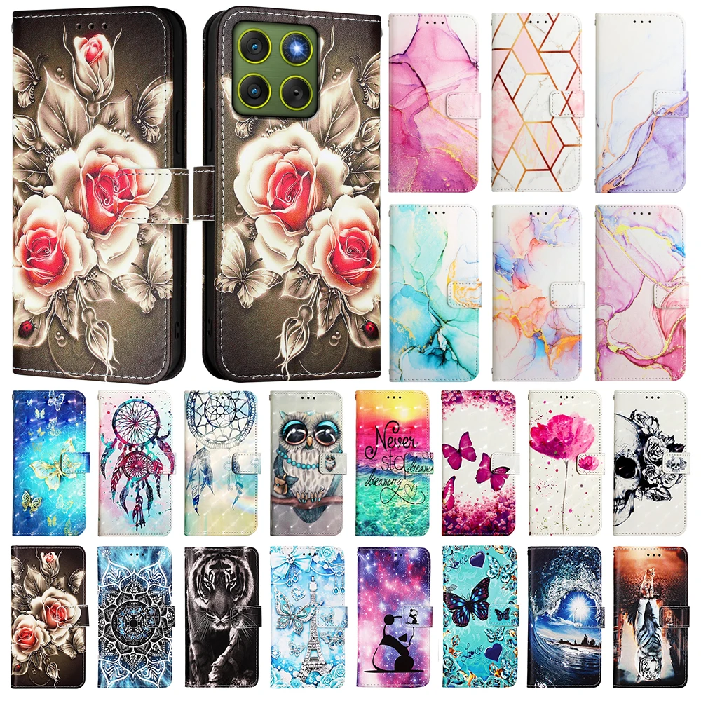 Chic Painted PU Leather Flip Phone Case with Wallet Stand and Card Holder Strap