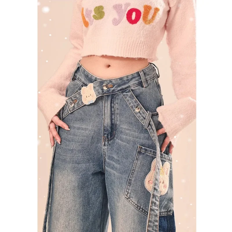 

Blue Womens Jeans Printing High Waist Straight Baggy Denim Pants Europe and America Fashion Y2K Female Wide Leg Denim Trouser