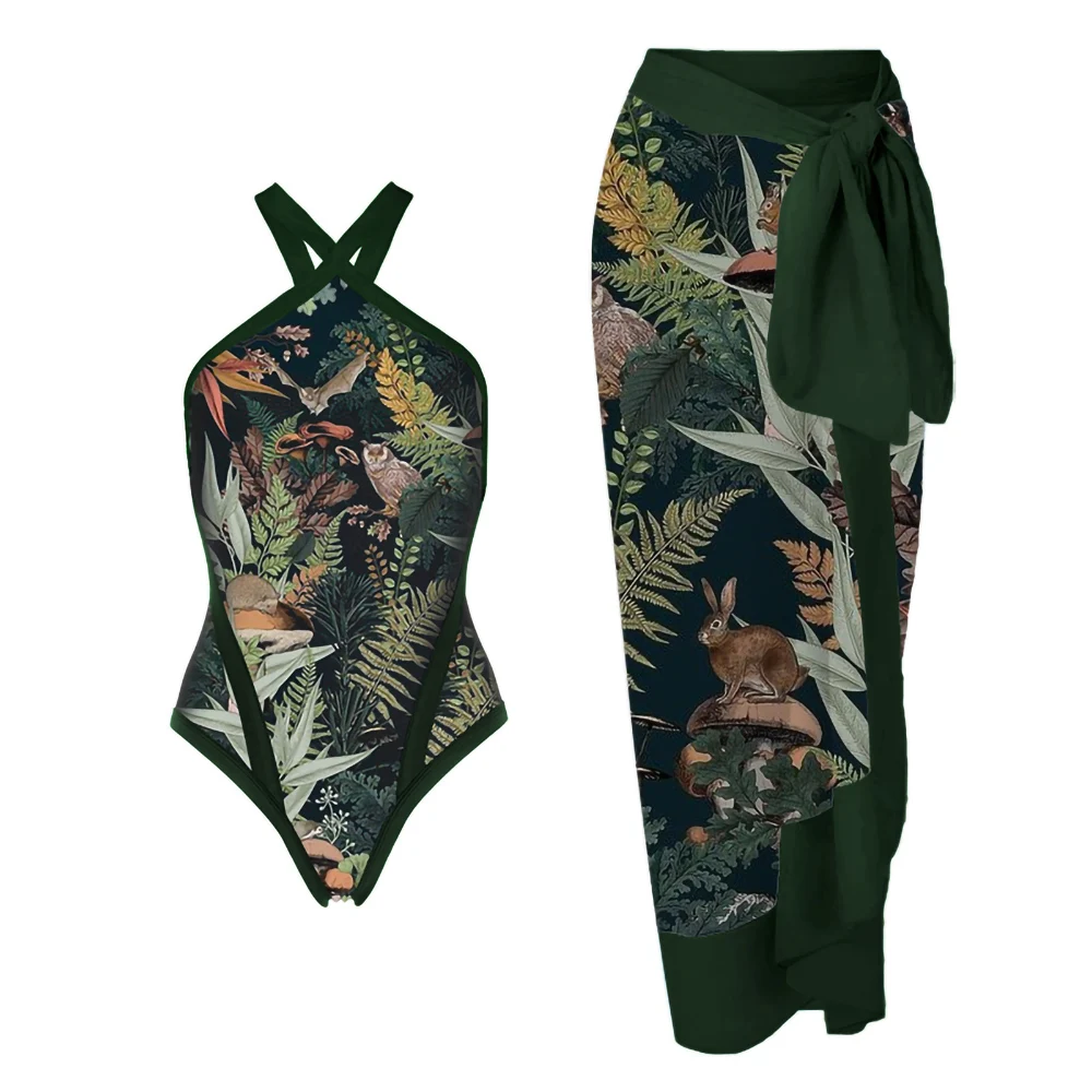 

Fantasy Jungle Print One-Piece Swimsuit Cross Neck Sling Swimwear 2023 Women High Waist Backless Sexy Beachwear Irregular Cover