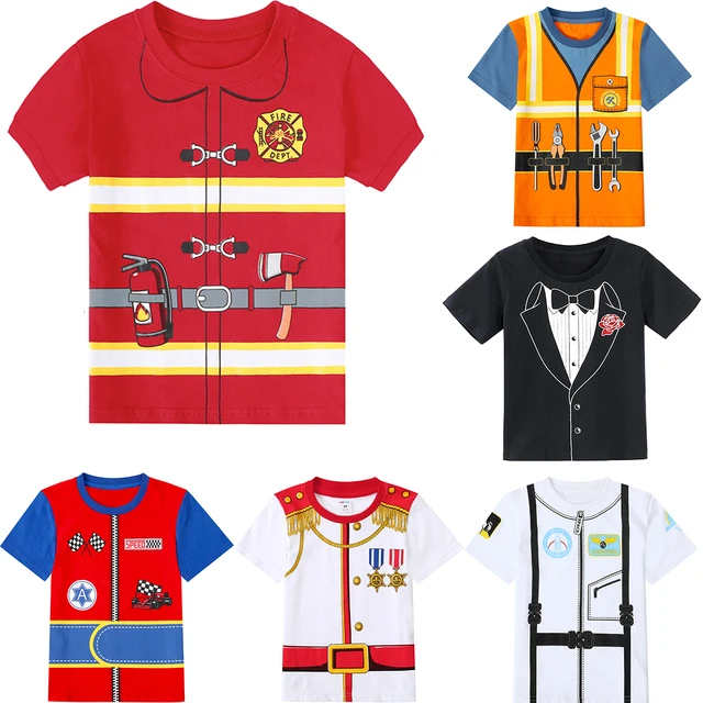 Kids Boys Print T-Shirt Toddler Pilot Fireman Pirate Police Astronauteve Construction Worker Tops Infant Novelty Tees Clothes
