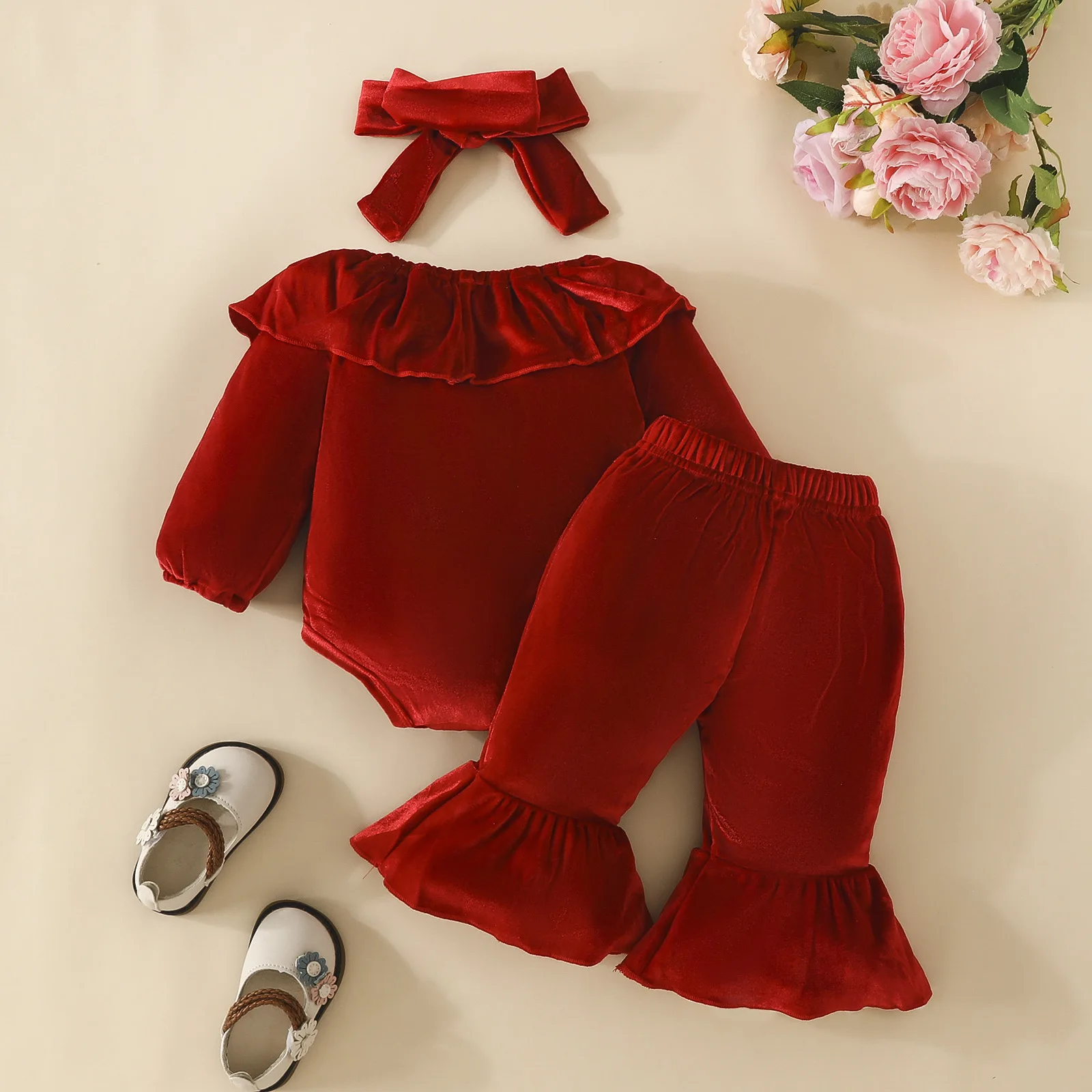 3Piece Fall Christmas Newborn Girls Clothes Fashion Cute Red Long Sleeve Baby Bodysuit+Pants+Headband Kids Clothing Sets BC744