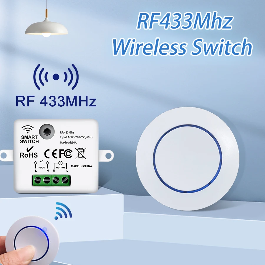 Wireless Light Switch RF 433MHz 220V 110V 10A Relay Receiver Mini Button Wall Panel Remote Control Home LED Lamp