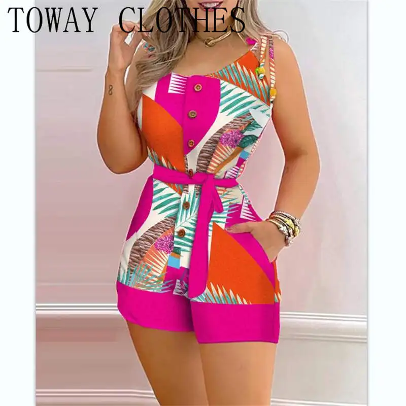 

Women's Clothing Summer 2022 Tropical Print Button Front Tied Detail Belted Romper Bodysuit Woman Jumpsuit