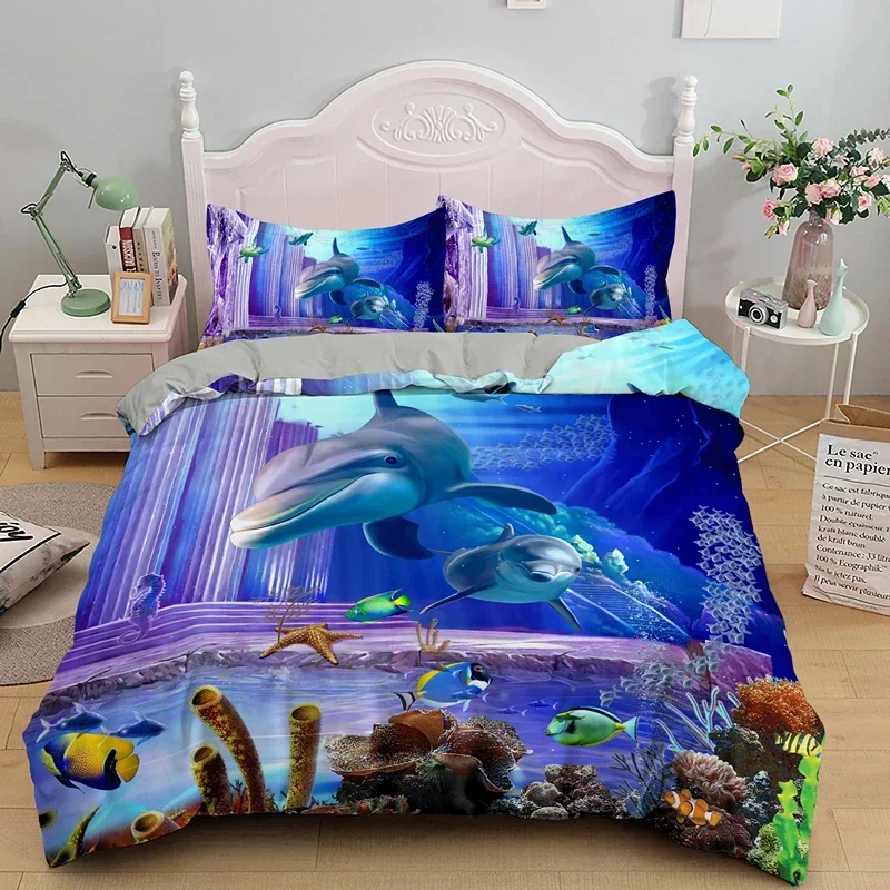 Kids Adult Bed Polyester Bedclothes 3D Dolphin In Blue Sea Queen King Size Bedding Sets Animal Single Quilt Duvet Cover Set 4