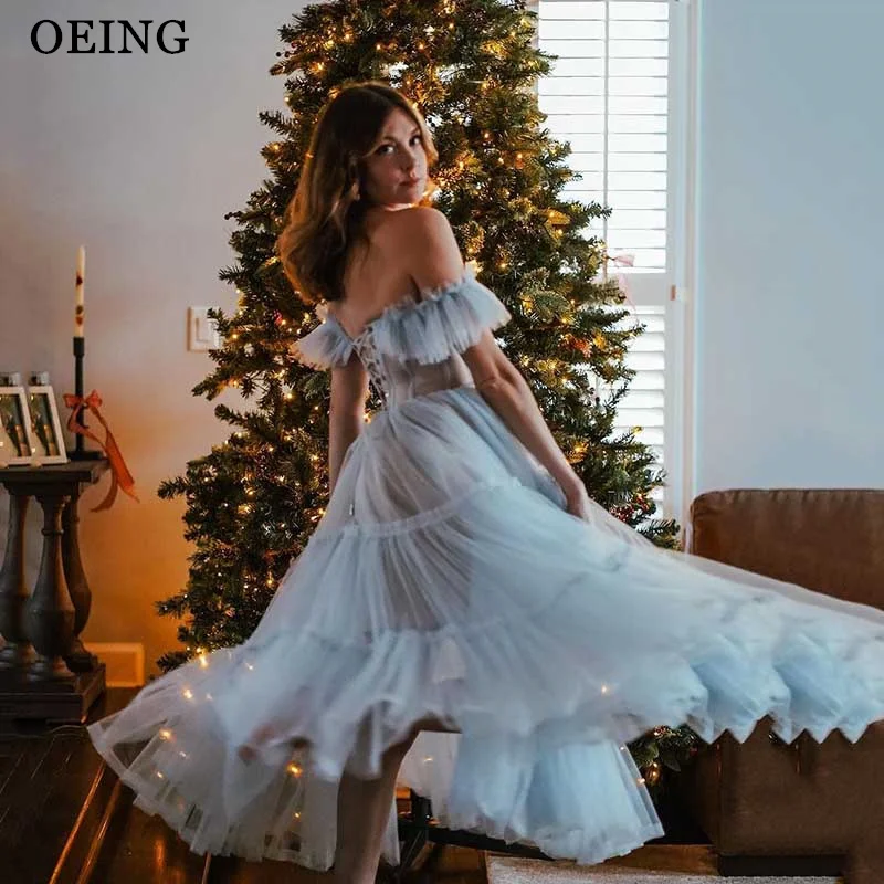 OEING Simple Organza Prom Dress Off The Shoulder Tea Length Evening Party Dresses Elegant Lady Lace Up Back Formal Prom Gowns