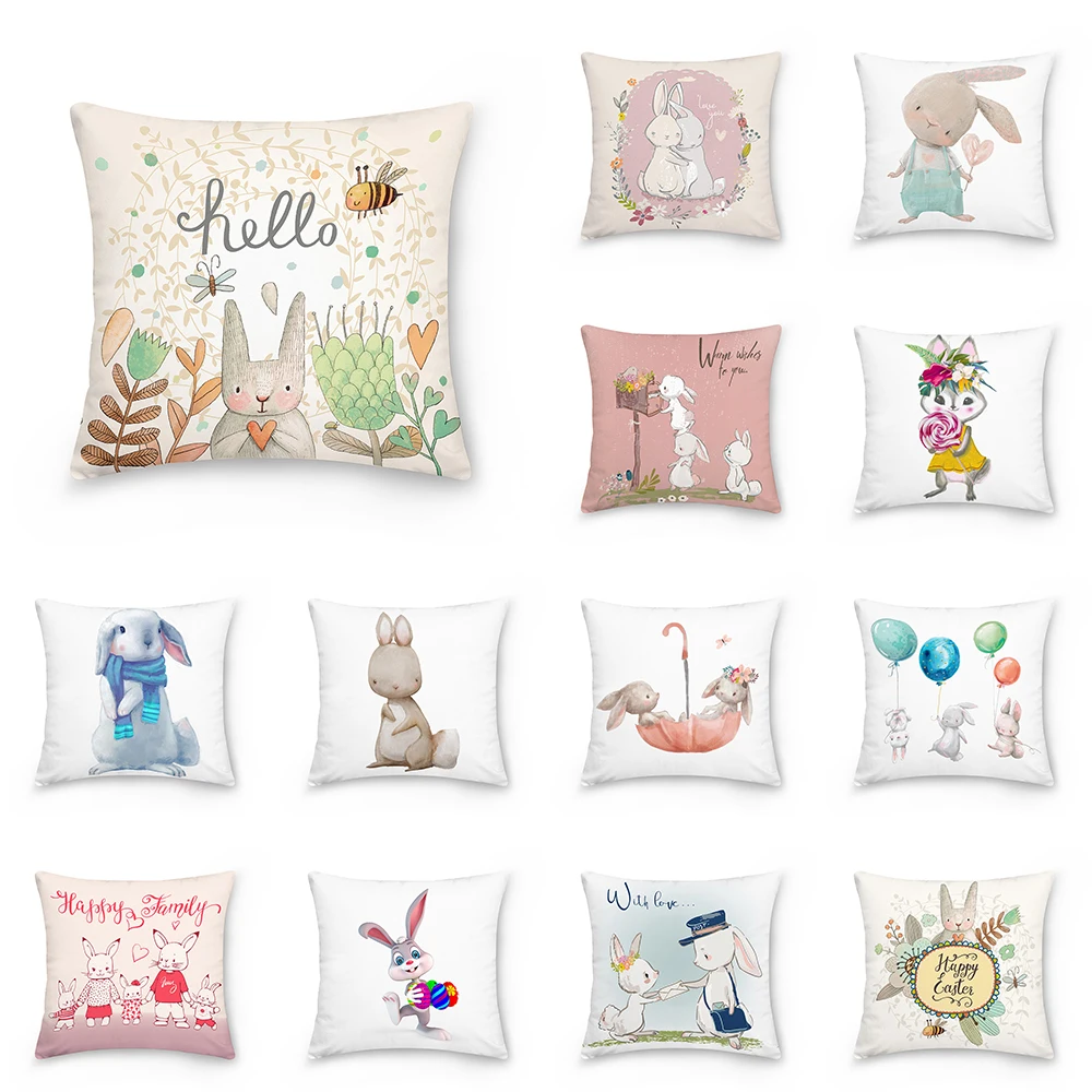 

Home Decoration Easter Cartoon Cute Rabbit Printing Polyester Pillow Cushion funda de almohada
