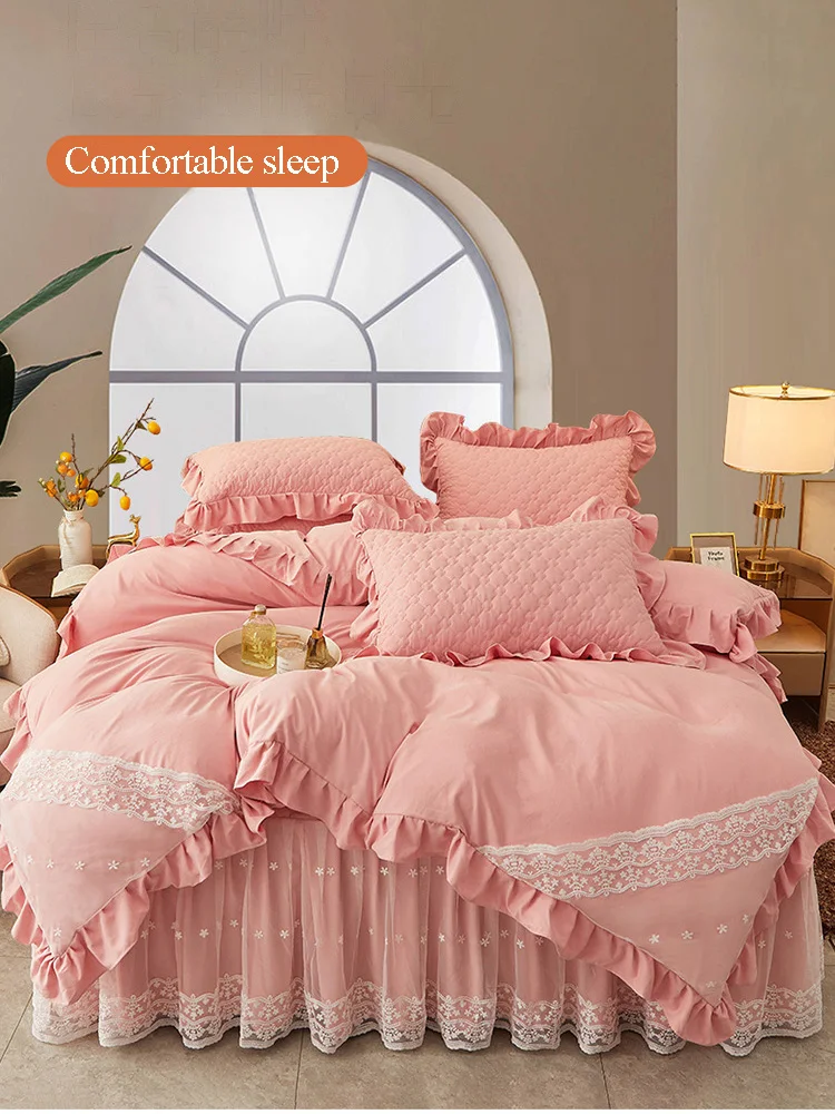 

Solid Princess Bedding Set Korean Style Flowers Embroidery Brocade Cotton Ruffle Duvet Cover Bedspread Bed Skirt Pillowcases