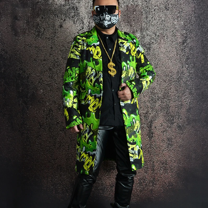 

Men Hip Hop Dancing Clothes Green Long Coat Pants Nightclub DJ DS Jazz Dance Costumes Rave Outfit Stage Performance Wear XS5729