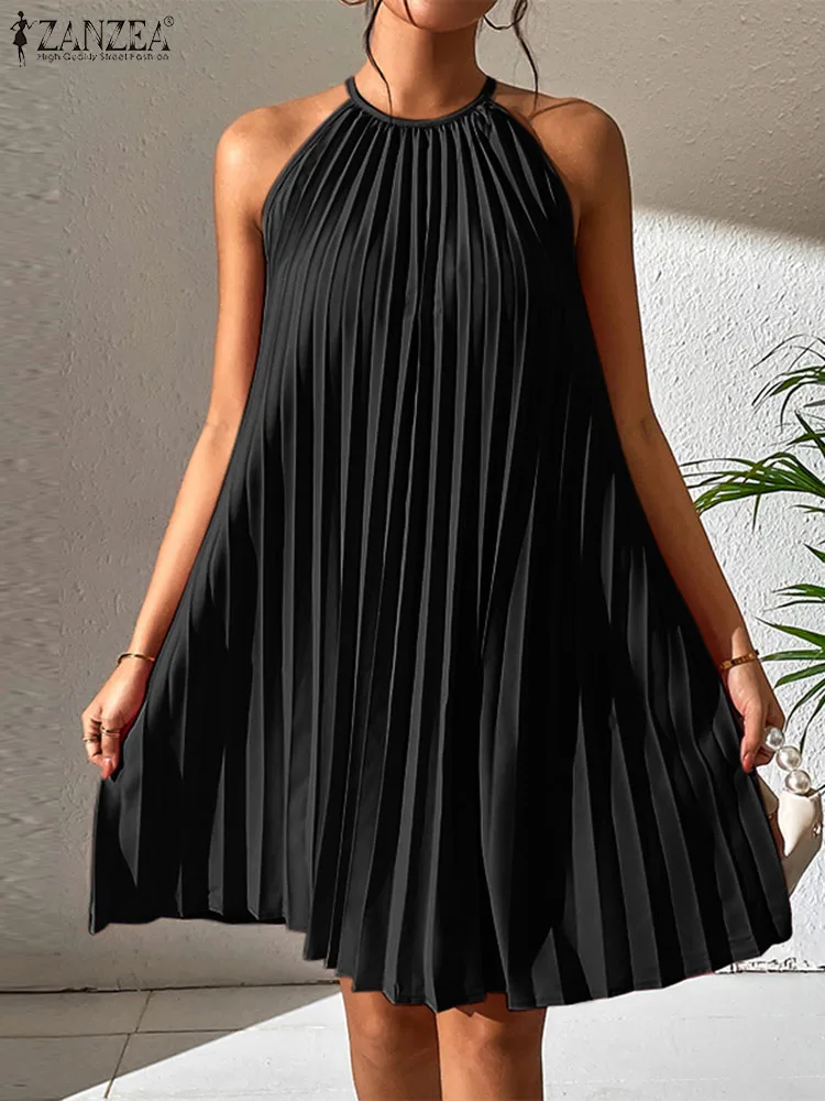 

Лето 2023, Женский праздничный пляжный сарафан ZANZEA, модное мини-платье без рукавов, плиссированные платья, повседневное свободное однотонное платье на бретелях