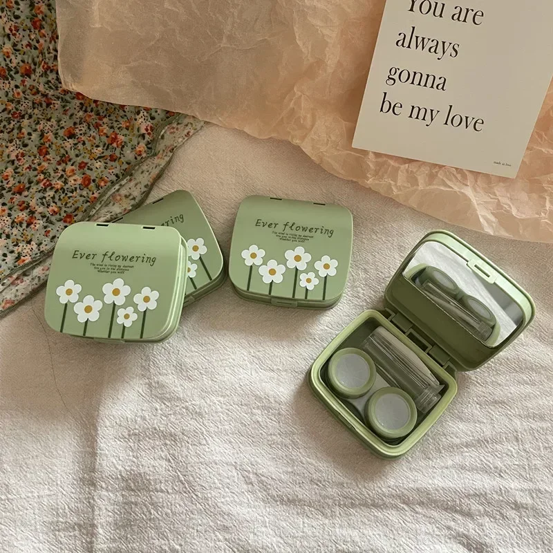 Ins Colored Flower Korean Women Contact Lens Case Portable Beauty Contact Lens Container Box with Mirror Tweezers Travel Box