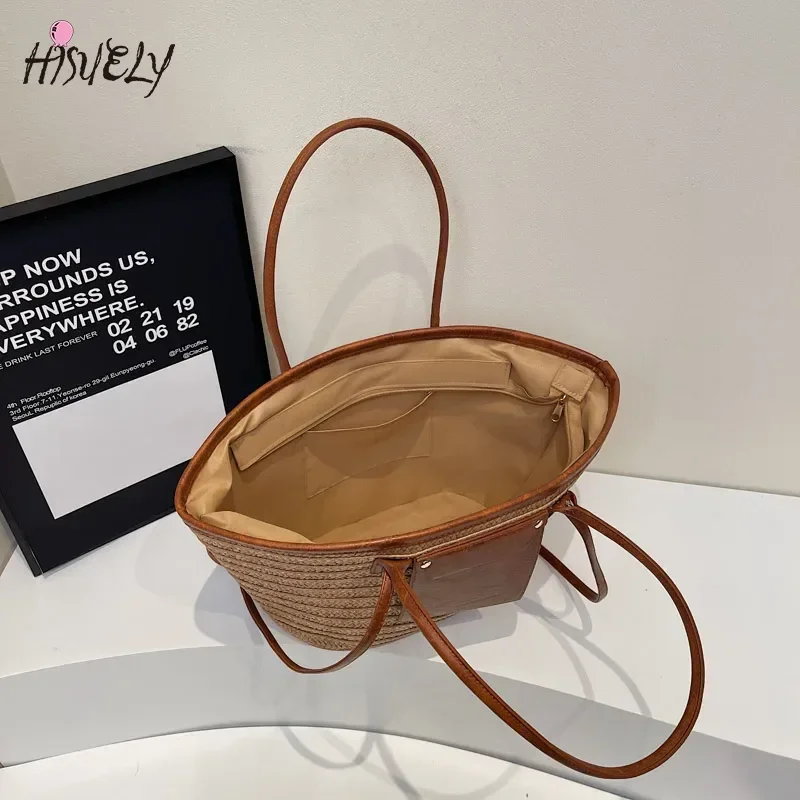Borse tote con cerniera in tessuto di grande capacità per le donne 2026 Borse a tracolla da viaggio moda coreana estiva Borsa da spiaggia in paglia da donna - immagine 5