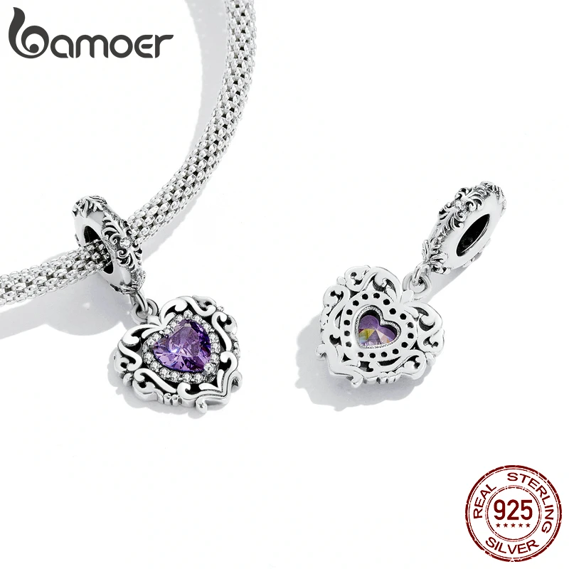 925 Sterling Silver Purple Shining Stone Collection Charms Love Drop Pendant fit for Charm Bracelet Vintage Pattern Beads For charm jewelry sterling silver jewelry beads charms sterling silver beads silver charm bead charm bead beads jewelry sterling silver beads charm