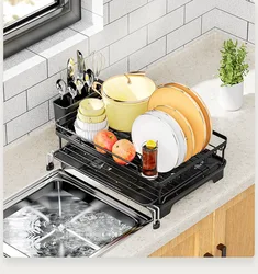 Expandable Kitchen Dish Drying Rack with Swivel Spout and Utensil Holder (Black Set 3)