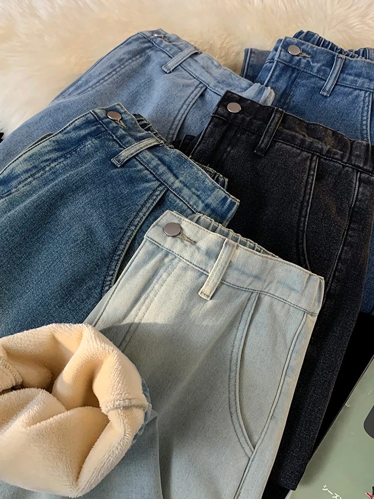 Men's Winter Pants Fleece-lined Straight Jeans Korean Fashion Elastic Waist Semi-Wide Baggy Denim Pants Thick Warm Jean Trousers 2