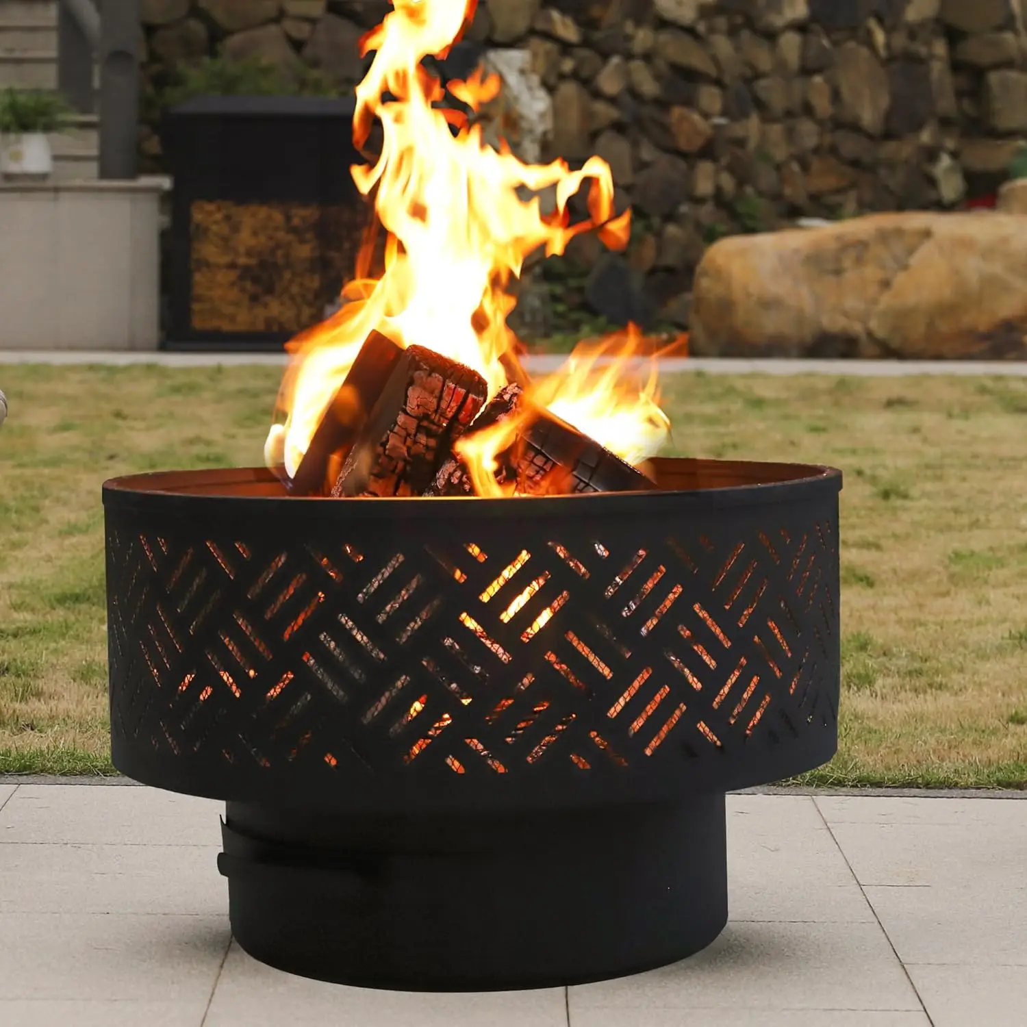 26" Wood Burning Fire Pits with Grill & Lid, Fire Pit Table for Outside with Waterproof Cover & Fire Poker, Outdoor Firepit