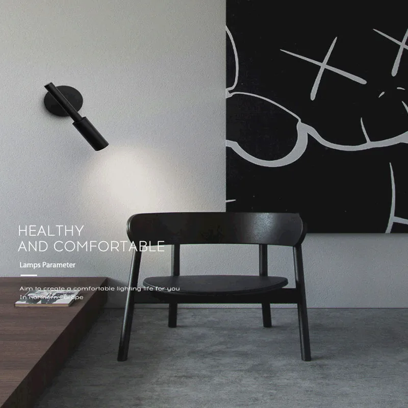 Black Minimalist LED Wall Lamp Home Decoration Modern Rotary Sconces Living Room Bedside Wall Light Reading Adjustable Lighting