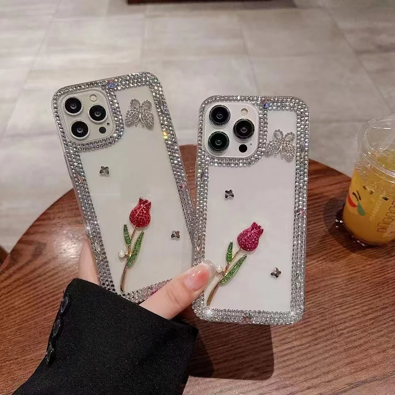 Clear Red Rose Phone Case with Love Bow and Bling Diamond Back Cover - Transparent and Fashionable Accessories