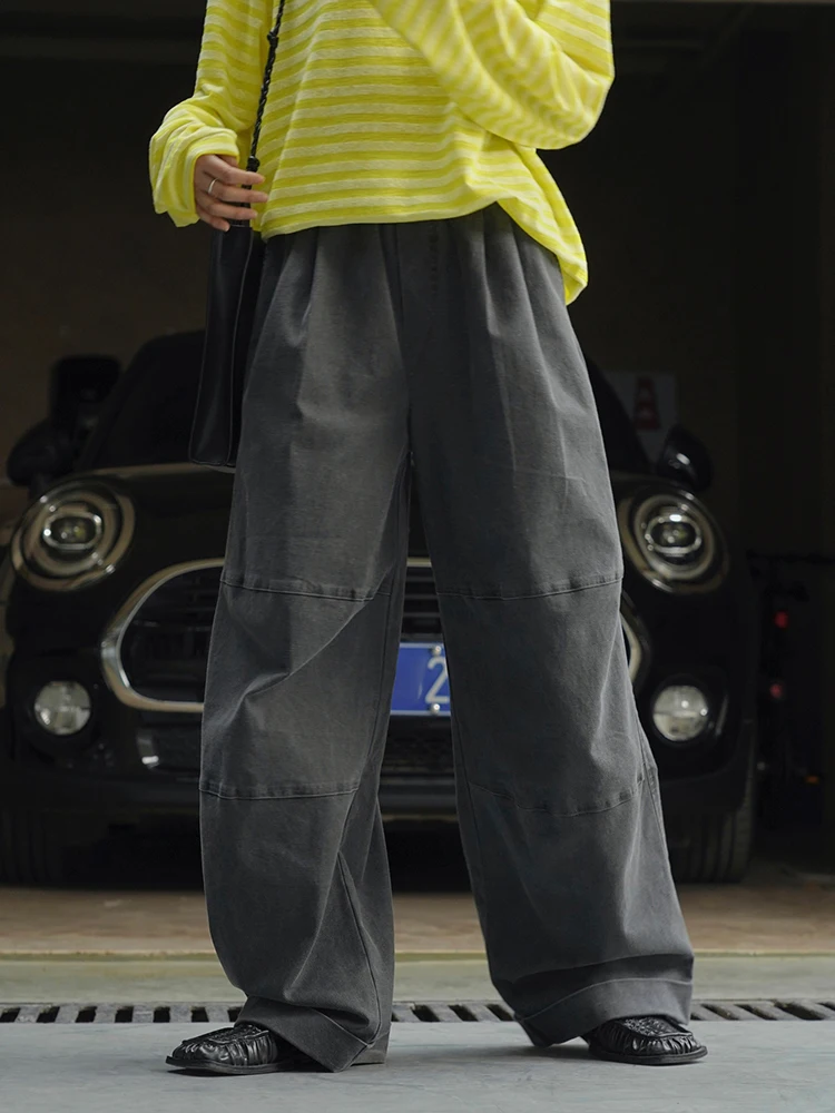 [LANMREM] Vintage High Waist Pants For Women Dark Gray Wide Leg Trousers Fashion Streetwear Clothing 2024 Summer New 26D8914