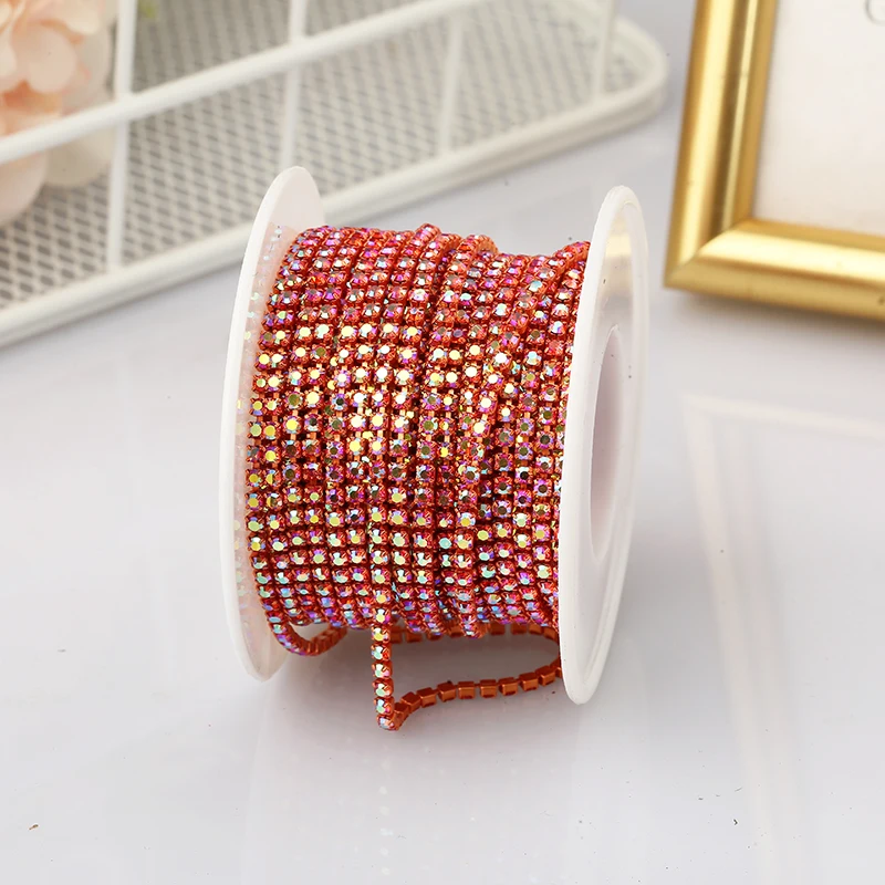 PEESOM SS6 2mm Crystal Rhinestone AB Cup Chain With Colorful Claw Sew On Glass Rhinestone Trim Chain Strass Banding for DIY