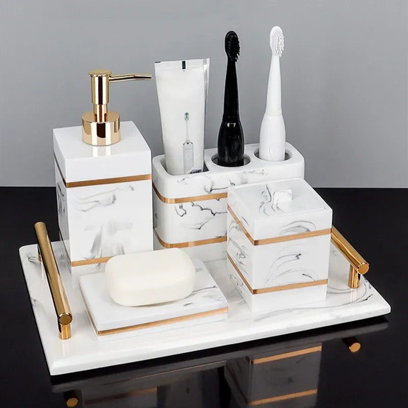 Bathroom Accessories Set Nordic Natural Resin Lotion Bottle Mouth Cup Soap Dish Toothbrush Holder Tissue Box Cotton Swab Box Tray Washing Tools Set