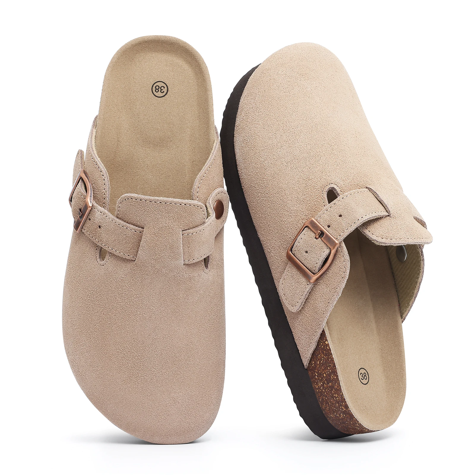 Women's Leather Mules Suede Clogs With Adjustable Strap Cork Sole_voghion.com