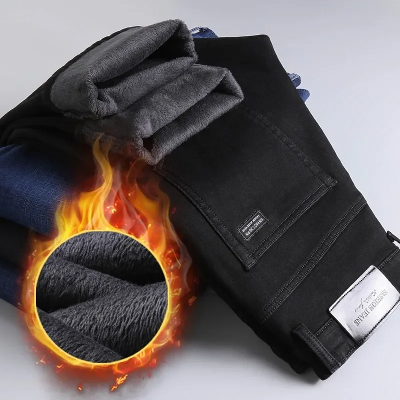 2025 Winter Thick Slim Denim Pants Brand Trousers Black Plus Size 40 New Men's Warm Jeans Business Casual Elasticity 5