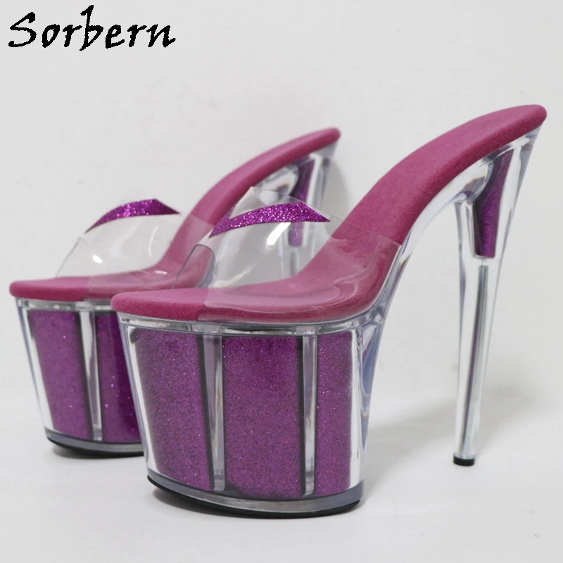 

Sorbern Glitter Purple Women Slippers Transparent PVC 20cm High Heels Slip On Perspex Heeled Summer Shoes Platform Slide