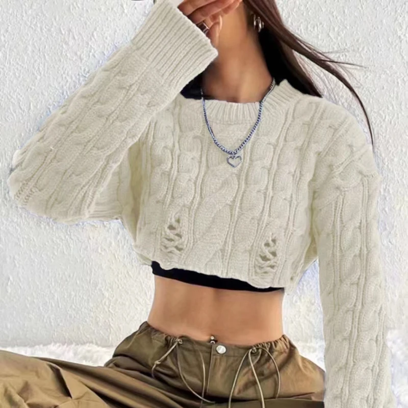 Spring and Autumn New Spice Girl O Neck Solid Color High Waist Navel Long Sleeve Knitwear Short Sweater Fashion Women's Clothing