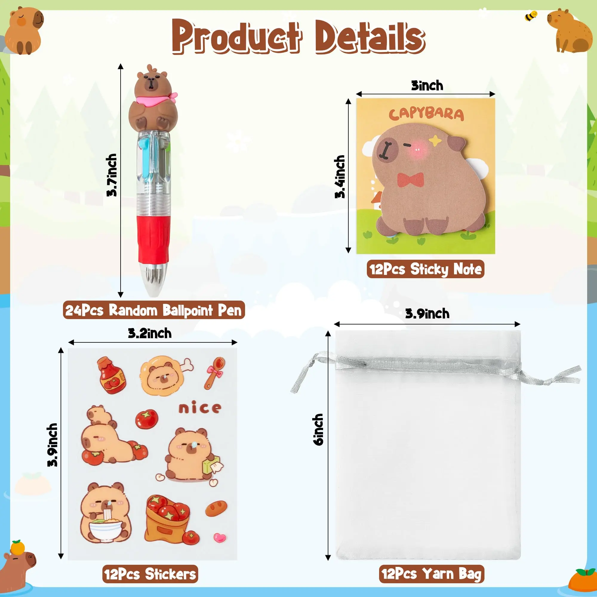 12-48Set Capybara Stationery Party Gift Fun Animal Prizes Set Include 4-in-1 Ballpoint Pens Sticky Note Sticker and Organza Bir