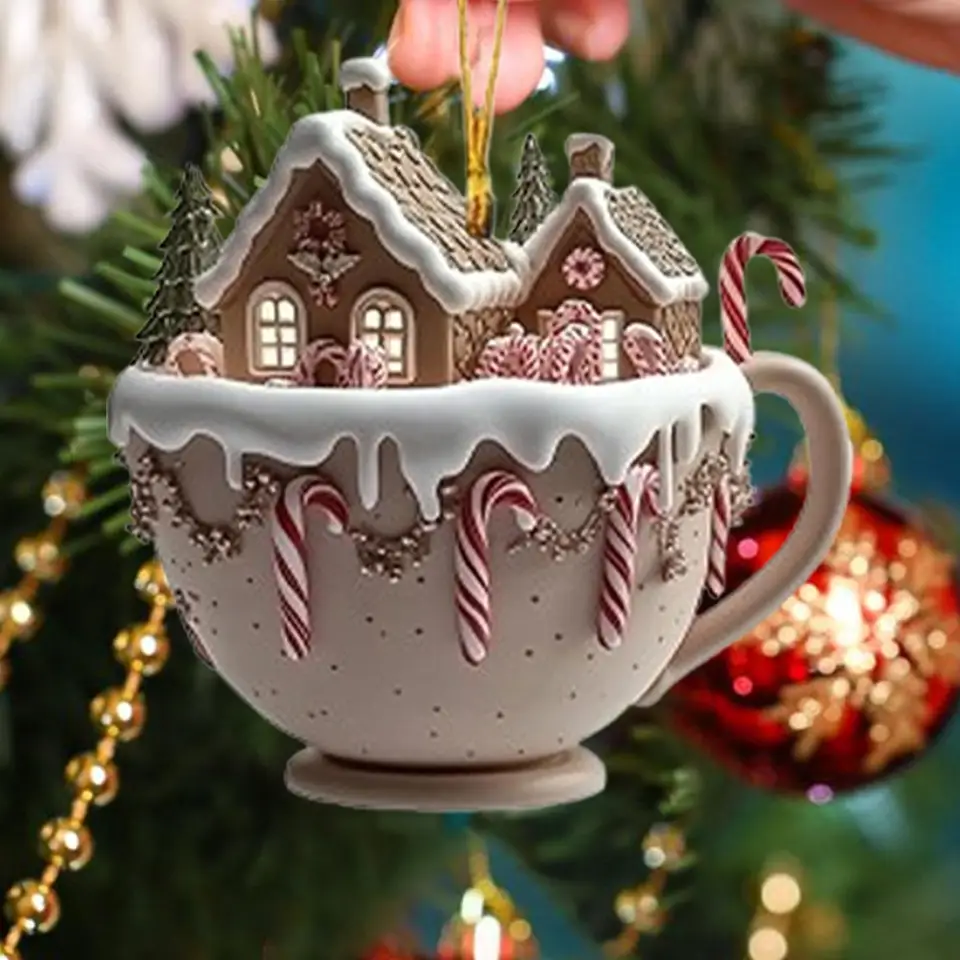Coffee Cup Ornaments Christmas Tree Pendant 2D Acrylic Christmas