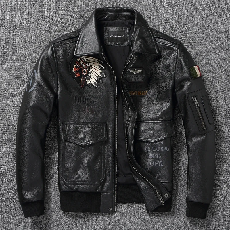 

COPERSIAN 2024 latest Indian Embroidery Flight Suit Pure Top layer Cowhide Leather Jacket Men's Oversize Motorcycle Slim Coat