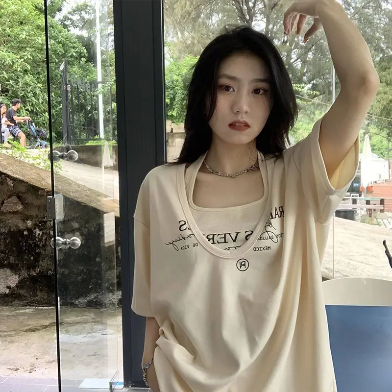 

Two Piece Set Letter Printing Tops Tees Summer New Short Sleeve Solid Loose Youth T Shirts Street Casual Fashion Women Clothing