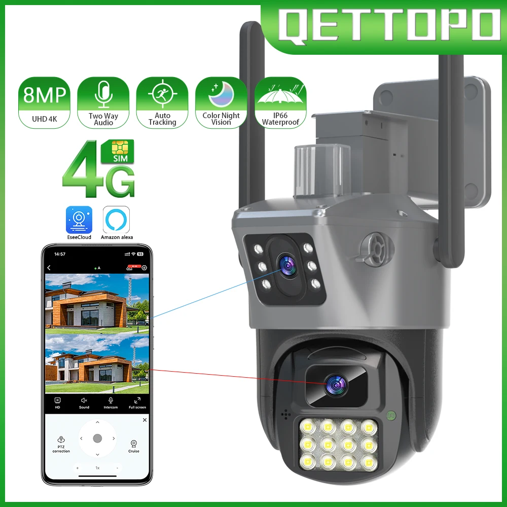 

Qettopo 4K 8MP 4G Dual Lens PTZ Camera Dual Screens Automatic Tracking Outdoor WIFI Security CCTV Surveillance IP Camera Alexa
