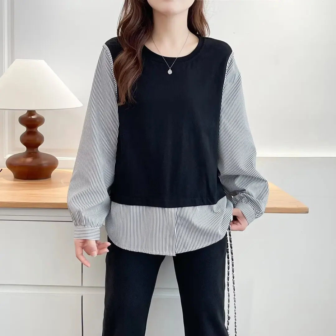 Fashion Plus Size Women's Blouses Autumn New Classic Fake Two Pieces Casual Striped Patchwork Shirt 8032
