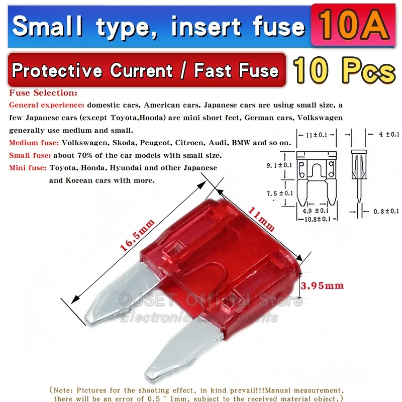 Assorted Miniature Medium-Small Amp Fuses Set - 10 pcs, 5A to 50A Range