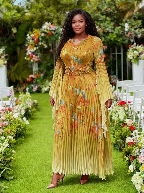 Miyaki Plus-Size Dress Organza Miyake Gown for Banquets, Social Gatherings, Elegant Evening Parties, Weddings, Gradient Style, Slim-Fit Long Dress with a High-End Feel, Fashionable Floral Belt 7