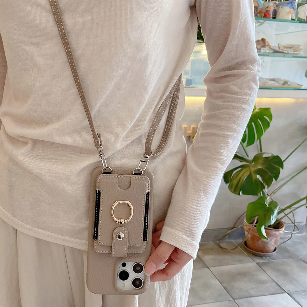 Luxurious Leather Crossbody Phone Case with Ring Wallet and Card Holder