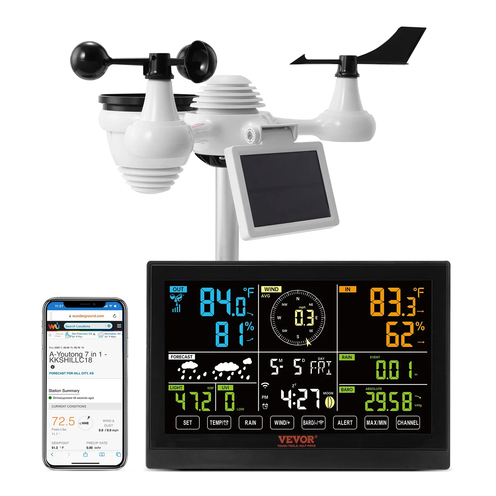 

VEVOR 7-in-1 Wi-Fi Weather Station 7.5 in Color Display with Solar Wireless Outdoor Sensor Alarm Alerts for Temperature Humidity