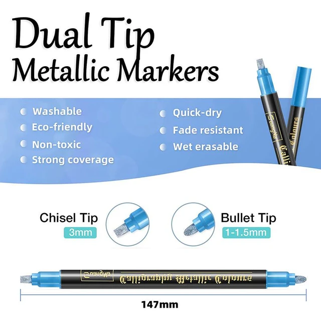 12/24 Colors Metallic Paint Markers Pens Round/Chisel Dual Tip Glitter  Doodle Dazzle Drawing Pens