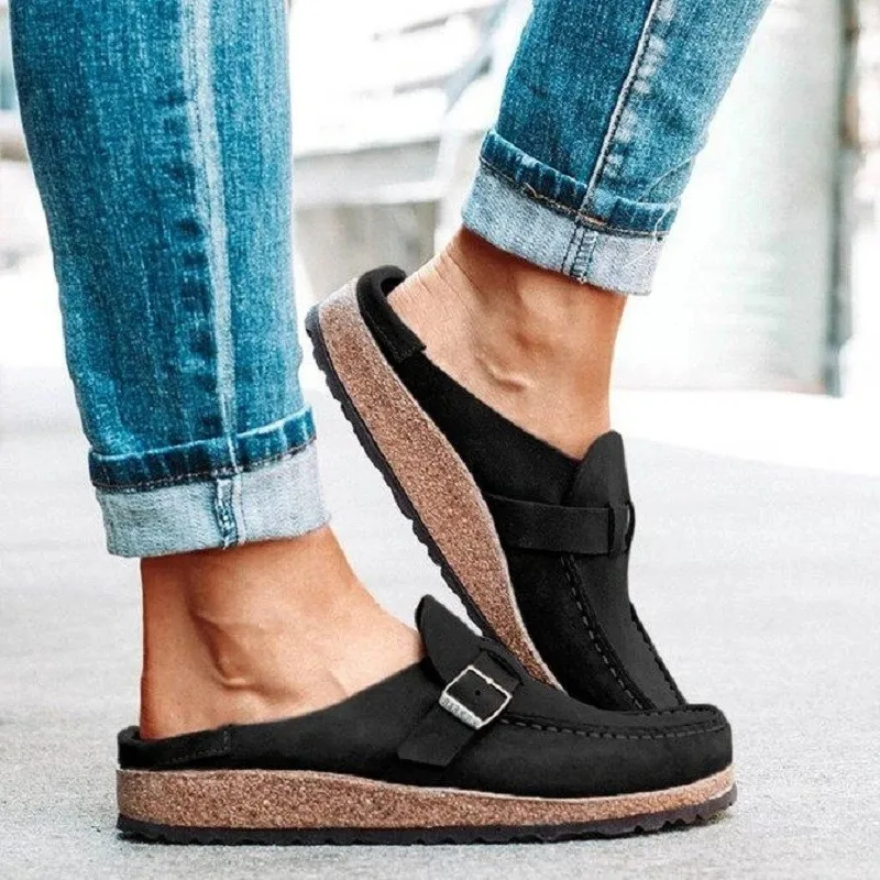 

Women Summer Mules Outdoor Leisure Platform Slippers Nubuck Leather Slip-on Slides Loafers Belt Decoration Couple Toe Shoes