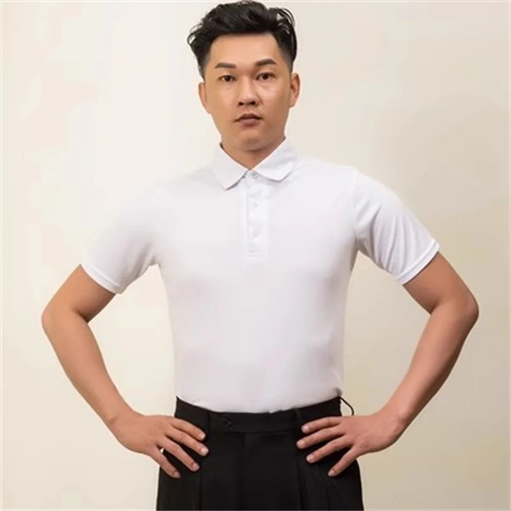 Men's white long sleeved Latin dance shirt Lapel modern dance tops New Boys' Slim Fit Dance Performance Clothing