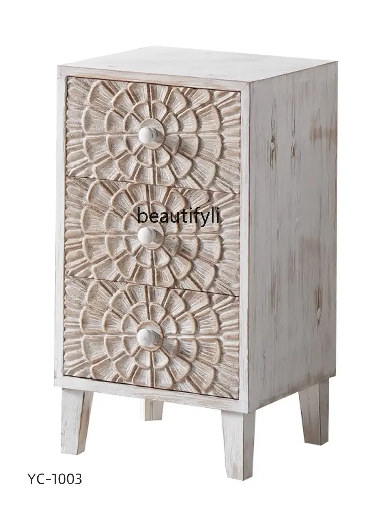

American-Style Solid Wood Vintage Engraving Drawer Three-Bucket Cabinet Living Room Bedroom Storage Organizer Wall Cabinet