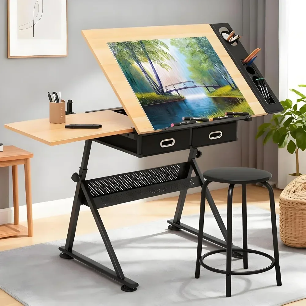 Hot-sellingProfessional Adjustable Drafting Table with Stool, Tilting Wooden Desk for Art Painting Sketching Studio Home Office 4