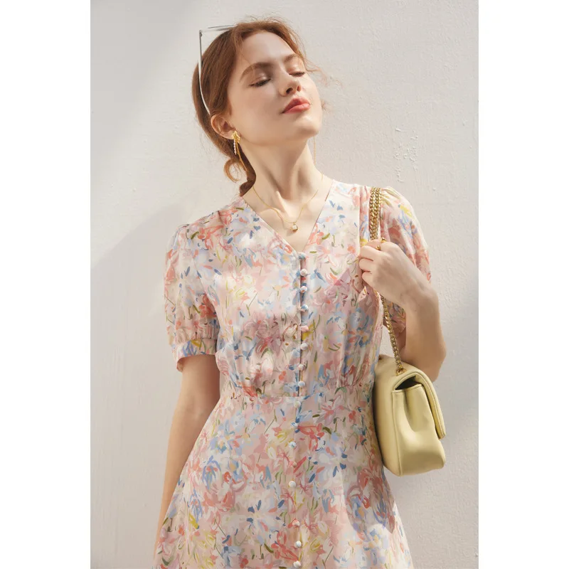 

Short Sleeve Silk Dress Women's 2024 Spring Summer New Print French Waist Young 100% Mulberry Silk Long Skirt Women Dress