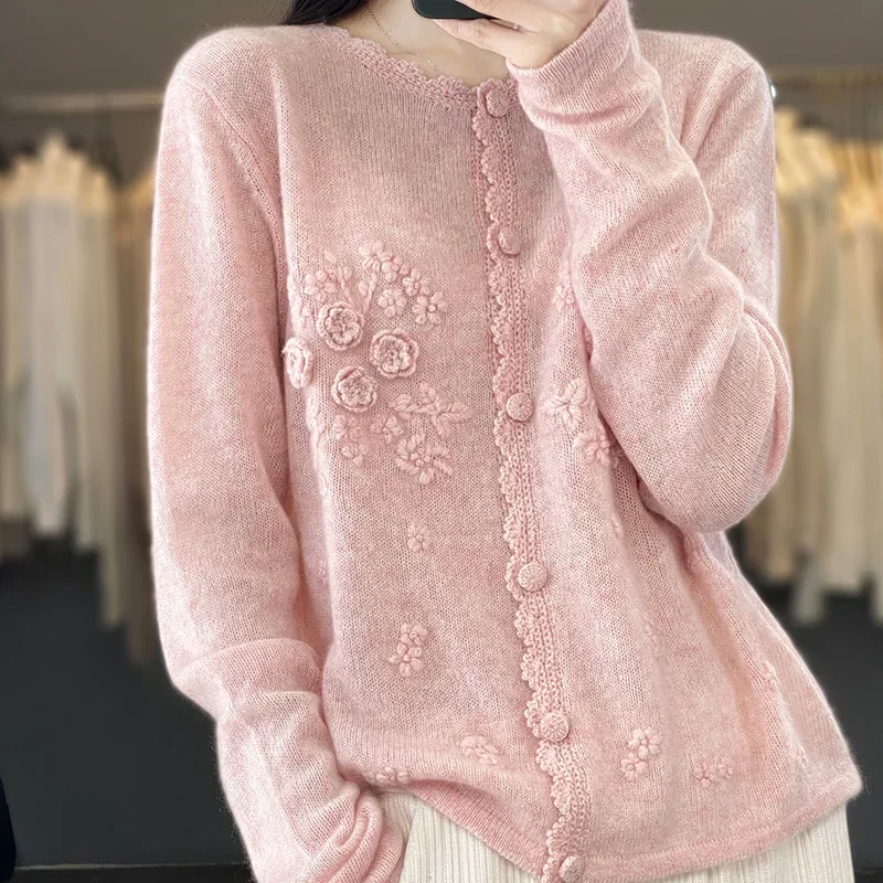 여성용 100% 순수 캐시미어 카디건 라운드 넥 손으로 수 놓은 크로 셰 뜨개질 느슨한 게으른 스웨터 가을 겨울을위한 니트 코트