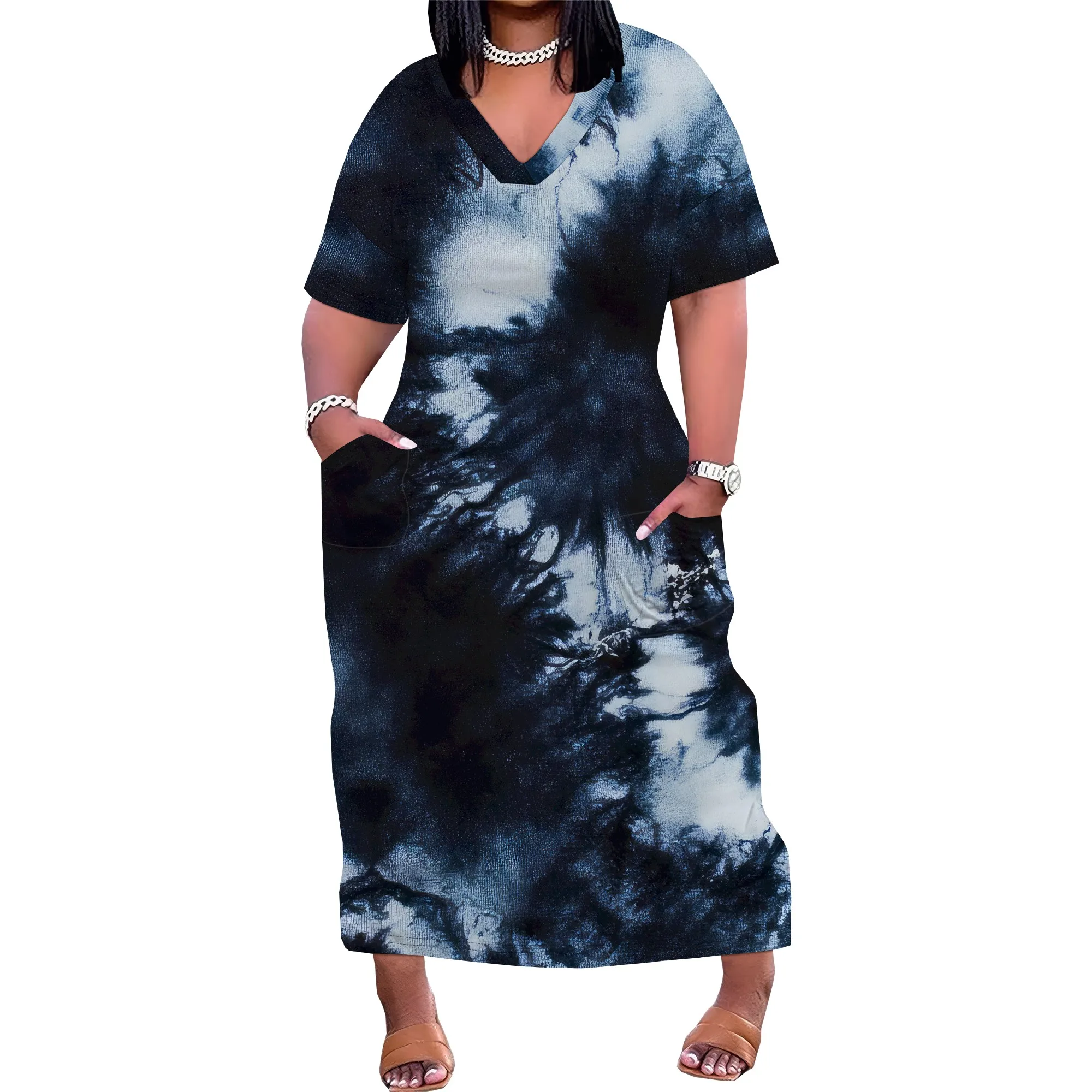 שמלת מקסי לנשים במידה גדולה עם כיסים, שרוול קצר, נוחה ונוחה לחוף, מסיבה, עבודה, אביב