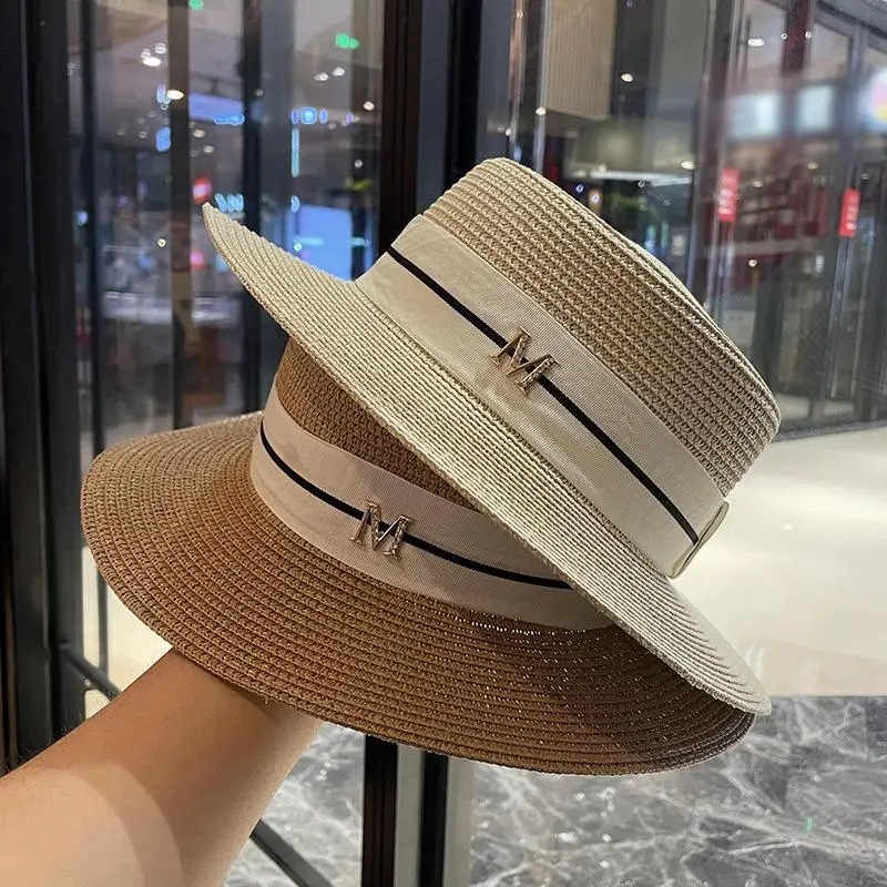 New Letters Embroidered Women Straw Hats Panama Wide Brim Jazz Hat Summer Hat Ladies Sun Hat Simple Flat Top Hat