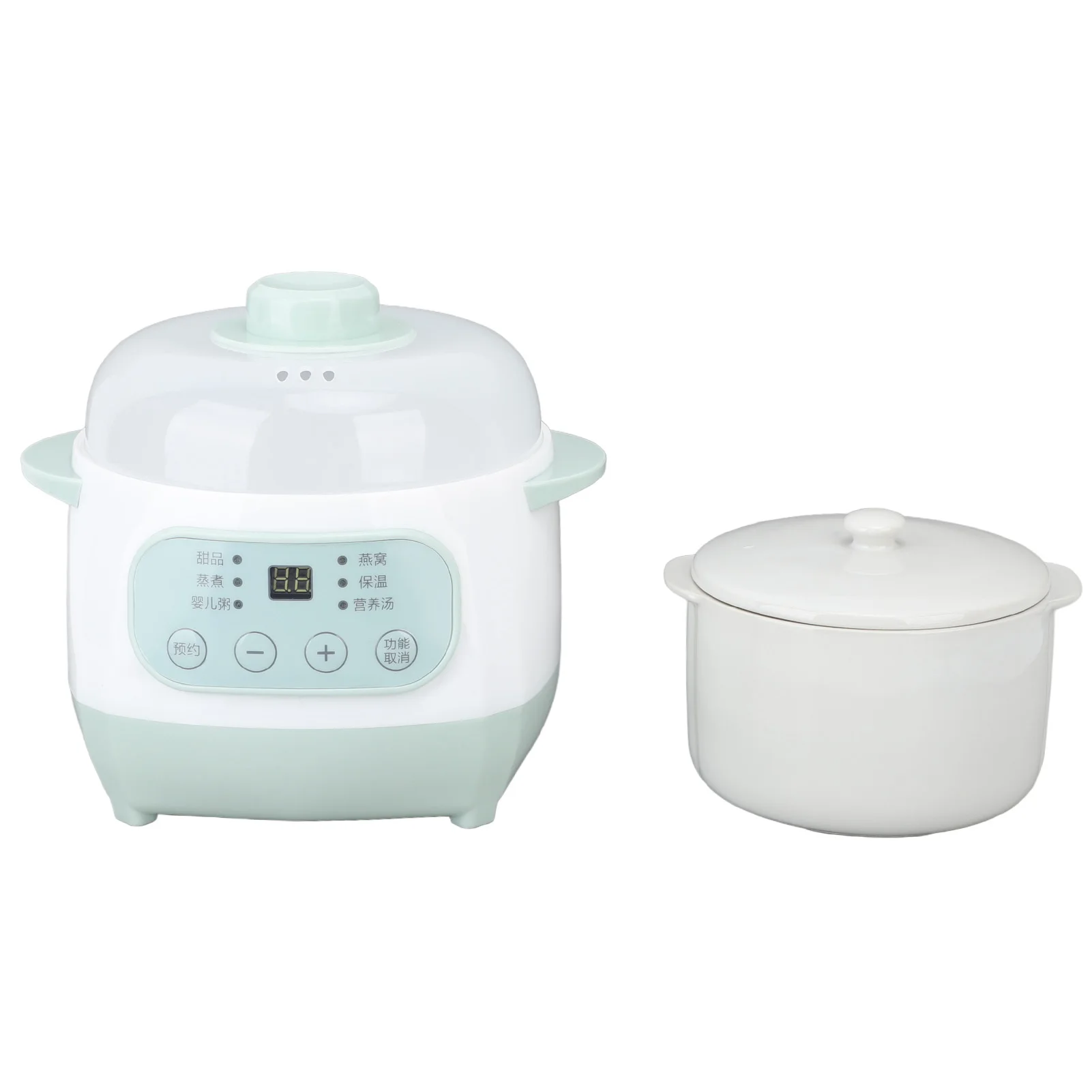 200W 1L Mini Slow Cooker with Ceramic Interior Pot Timing Green Uniform Heating Electric Slow Stew Cooker for Cooking