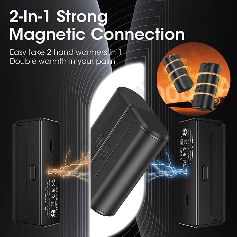 Portable Hand Warmer 2Pack Magnetic Split Type 2in1 Rechargeable 3Temperature Setting For Winter